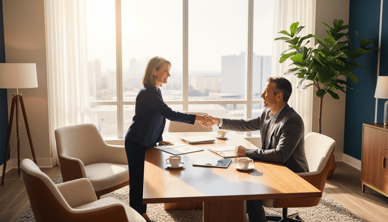 Professional advisor discussing loan options with client in bright modern office