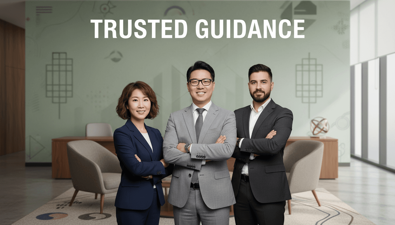 Loan specialists Hailey Hong, Brian Joo, and Rafael Na in a professional green-themed office.