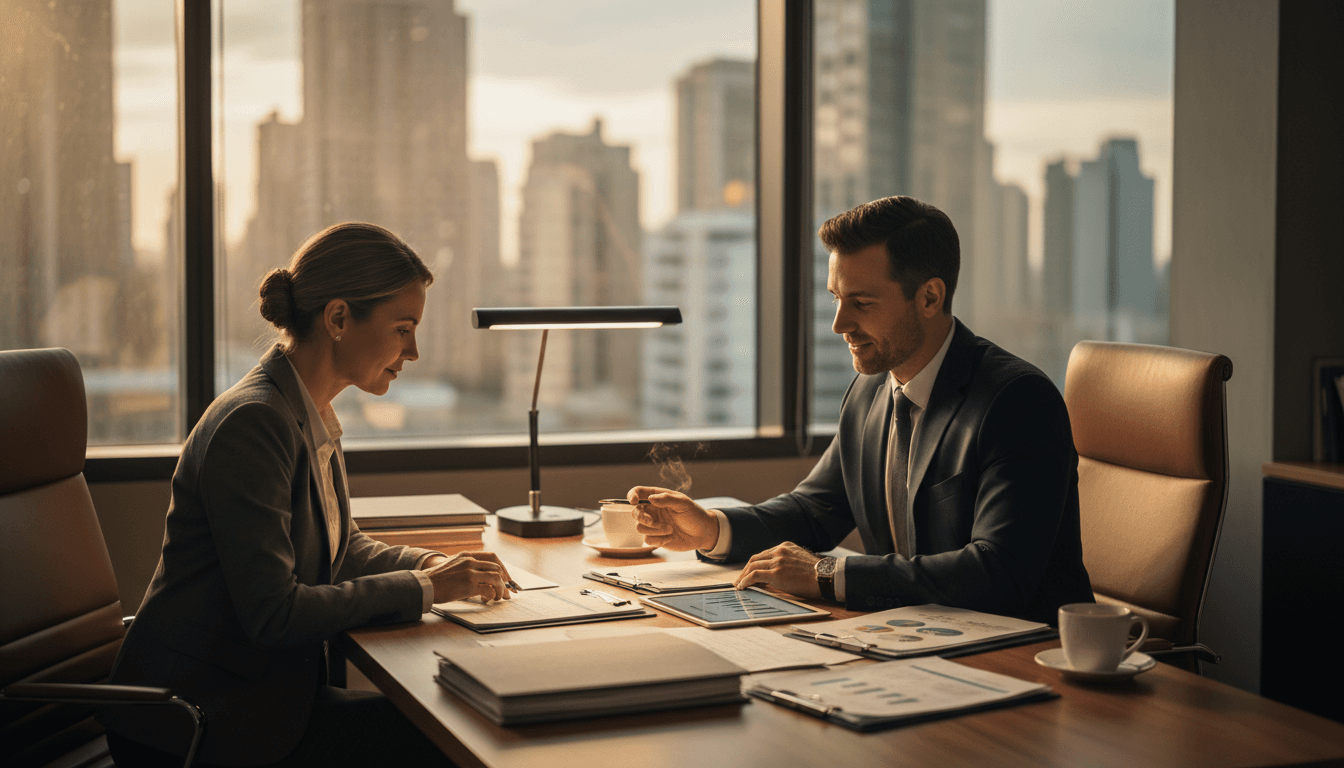 Loan officer discussing financial options with client at desk