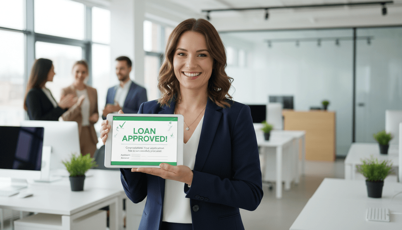 Financial professional displaying loan approval on tablet