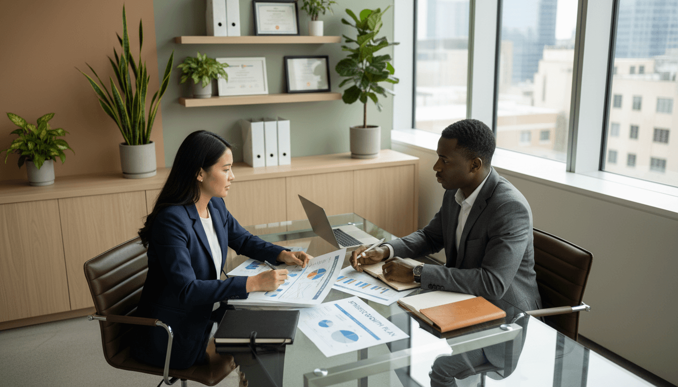 Financial professional consulting with client in bright modern office setting