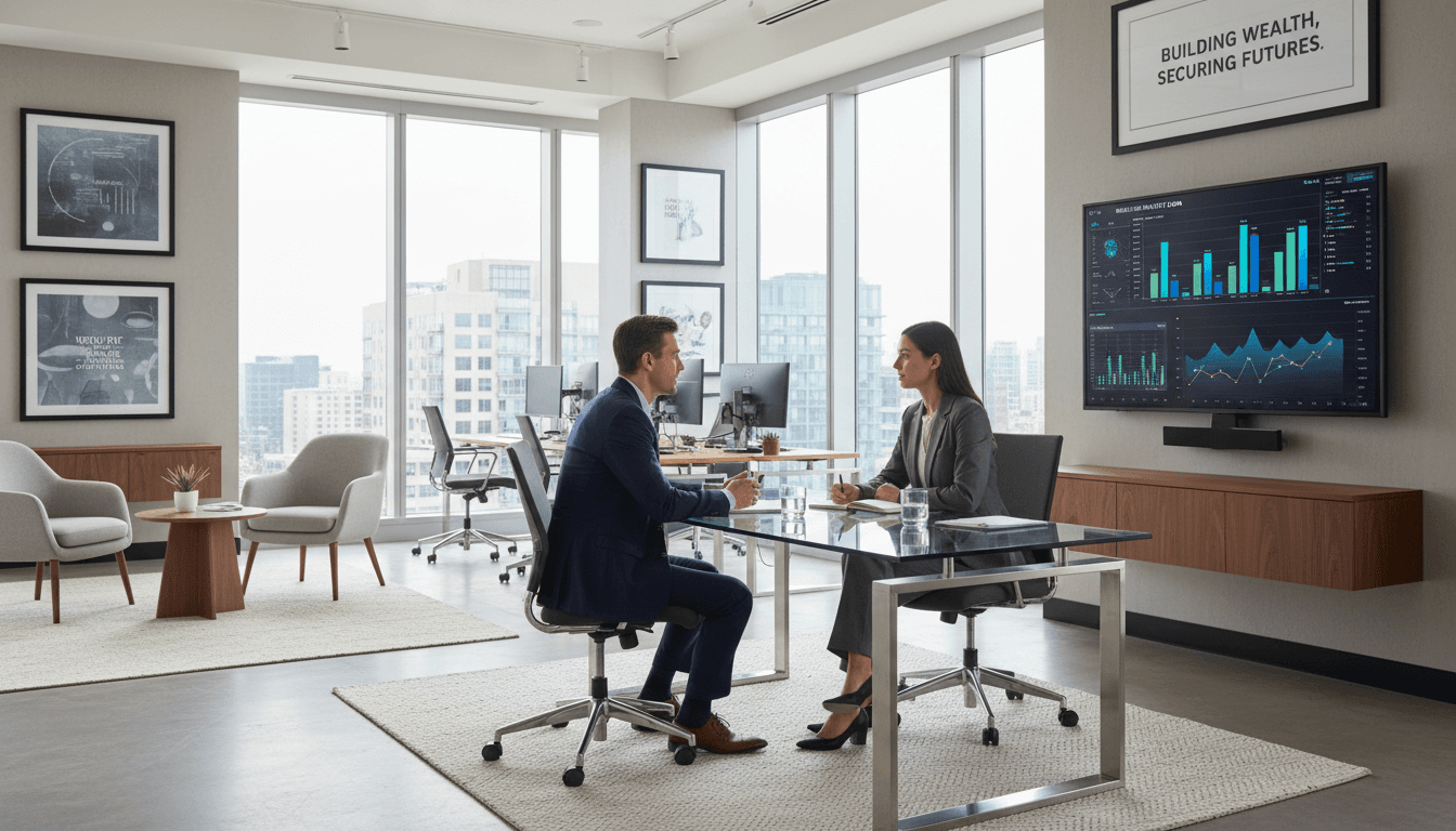 Asesor financiero profesional reunido con cliente en oficina moderna