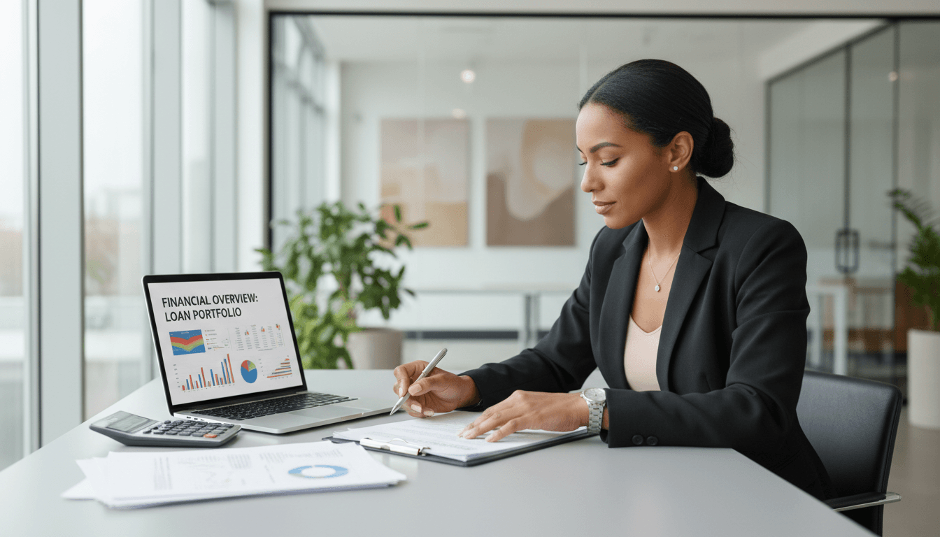 Financial consultant reviewing loan documents with client