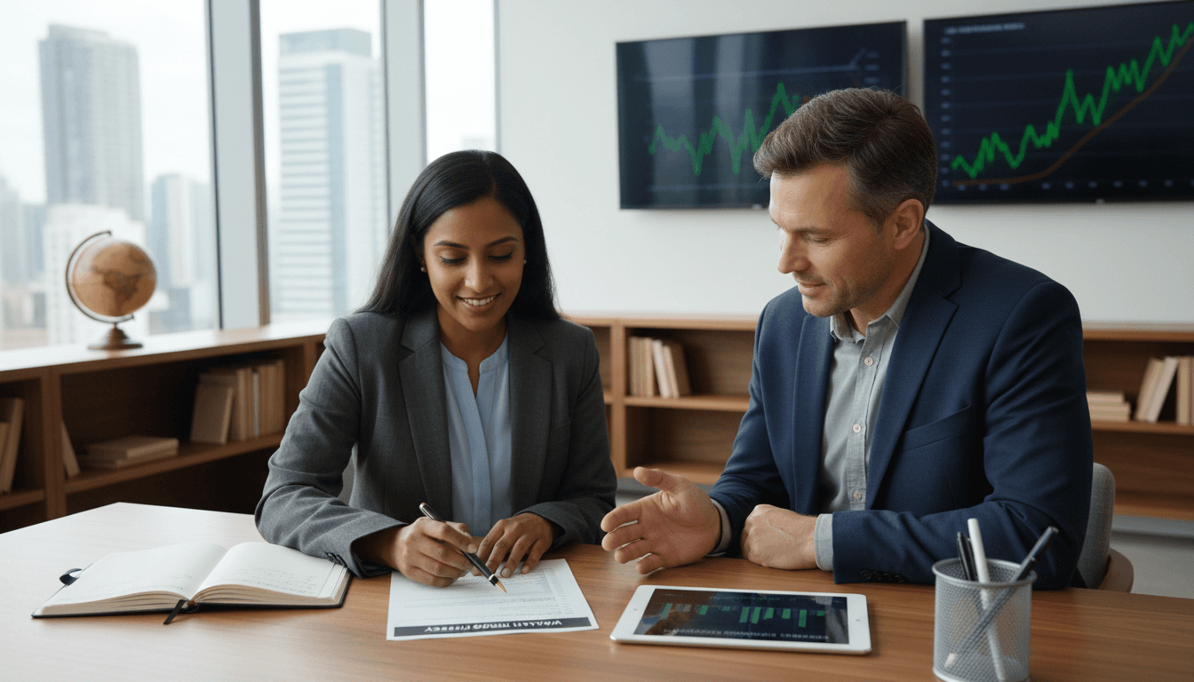 Financial advisor discussing loan options with client in modern office setting
